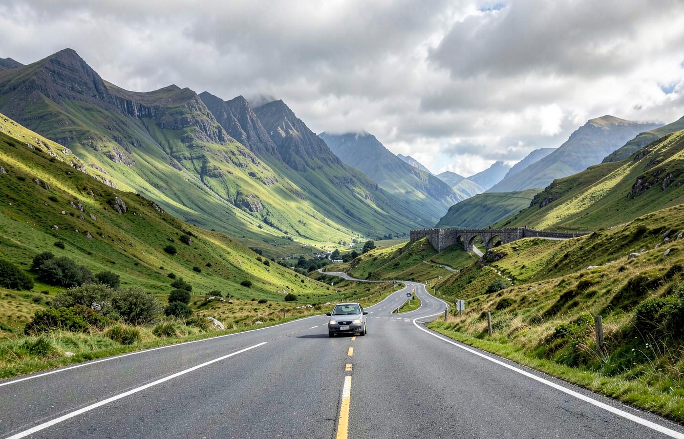 A scenic road through the Scottish Highlands